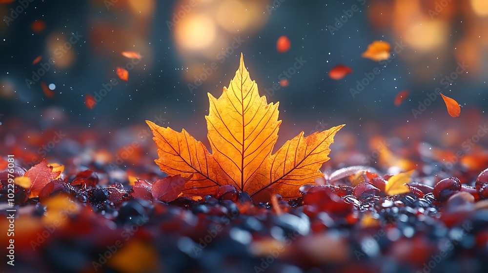 A single golden maple leaf stands out amongst a bed of fallen autumn leaves with a blurred forest background. A single golden maple leaf stands out amongst a bed of fallen autumn leaves with a blurred forest background.