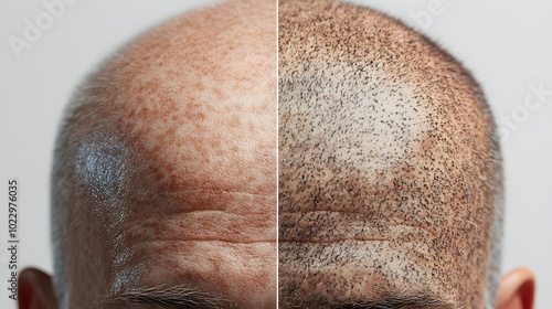 Before and after images of a man's scalp, comparing significant hair loss with post-restoration treatment results showing complete and healthy hair regrowth