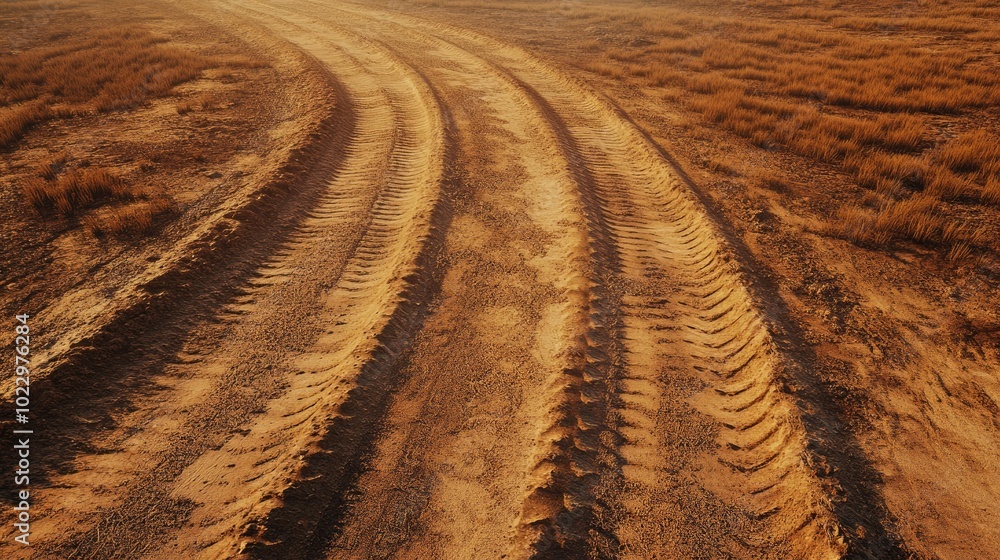 Two distinct tire tracks on a winding dirt road, separated and isolated, with no background elements. Two distinct tire tracks on a winding dirt road, separated and isolated, with no background elements.