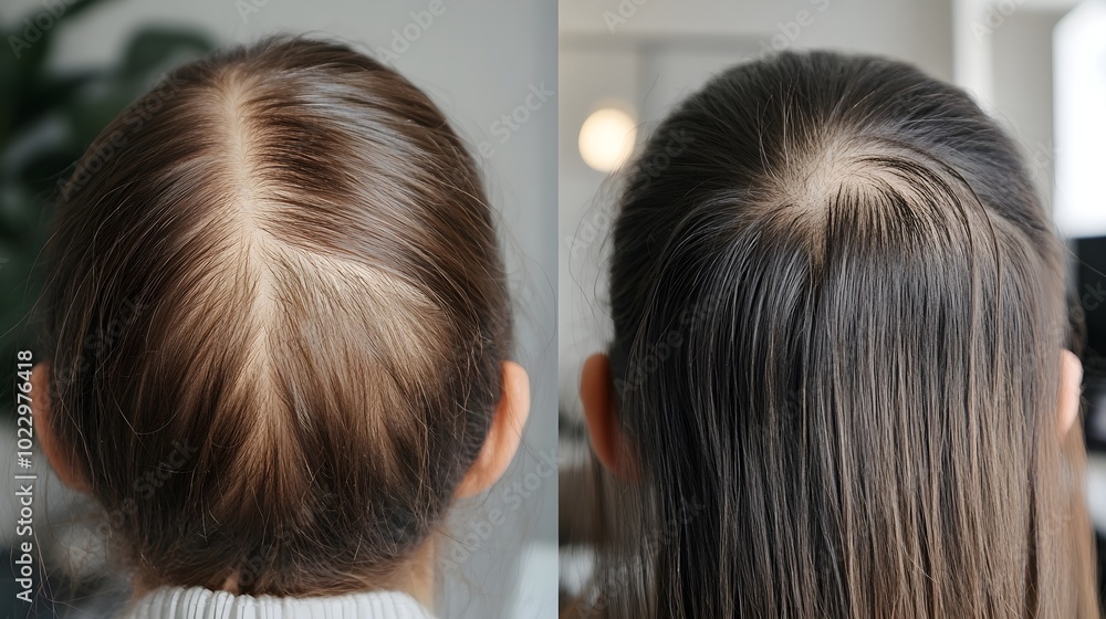 Naklejka premium Hair thinning reversal testimonial, with before photos of patchy hair and after images demonstrating noticeable hair regrowth using natural remedies
