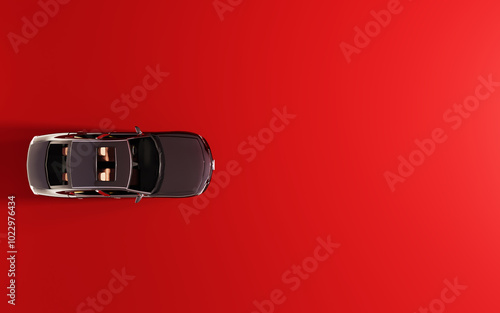 Top view Black car on red background. automobile transportation fast graphic model speed aerial view aesthetic drive