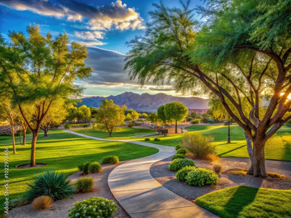 Scenic view of Acacia Park in Henderson Nevada with lush greenery and serene walking paths Scenic view of Acacia Park in Henderson Nevada with lush greenery and serene walking paths
