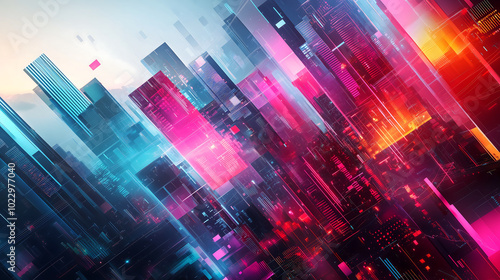 Futuristic city skyline in vibrant neon colors with abstract geometric patterns and tech elements in dynamic digital design