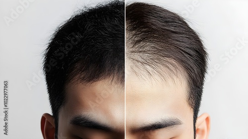 Side-by-side scalp photos of a man, displaying progressive hair loss before and full coverage achieved after undergoing a successful hair restoration procedure photo