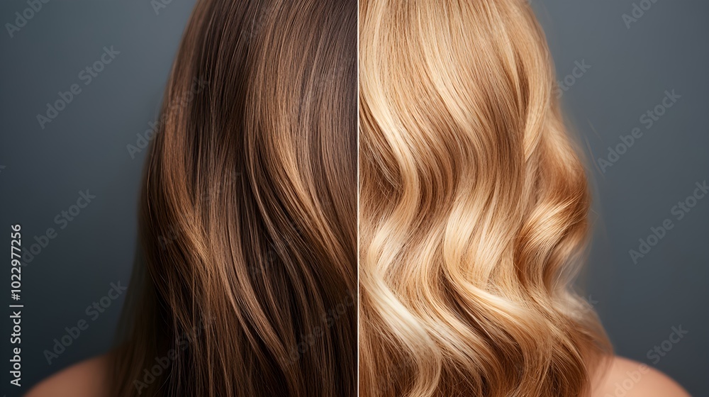 Naklejka premium Split-screen comparison of a woman's scalp, showing significant regrowth after hair loss treatment, with clear focus on hair texture, Photorealistic, Clean Background