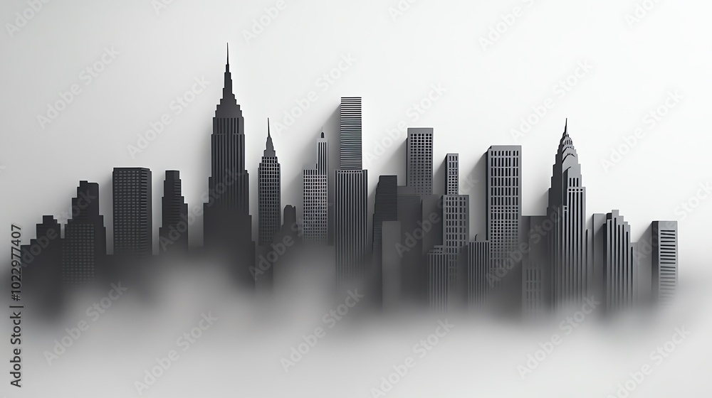 Naklejka premium Paper cut minimalist skyline with simple, modern building silhouettes in grayscale, paper cut cityscape, minimalist urban art