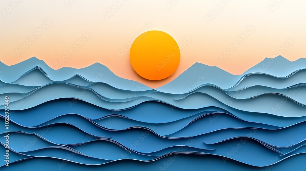 Simple minimalist paper cut horizon with subtle mountain outlines and a rising sun, paper cut horizon, minimalist landscape art Simple minimalist paper cut horizon with subtle mountain outlines and a rising sun, paper cut horizon, minimalist landscape art