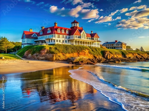 Wallpaper Mural Scenic View of Anchorage Inn at York Beach with Ocean and Sandy Shoreline Under Clear Blue Sky Torontodigital.ca