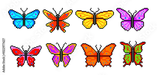 Set of Different Butterflies in Pixel Style. Vector Illustration