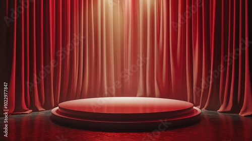 3D podium with red background and fabric curtain illuminated by spotlight in a luxurious setting