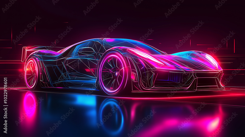 Futuristic high performance car design with glowing neon vector elements and sleek aerodynamic lines in vibrant digital setting