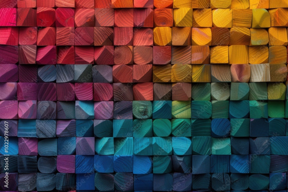 Fototapeta premium A colorful mosaic wall composed of various gradient hues, creating a vibrant and textured abstract pattern.