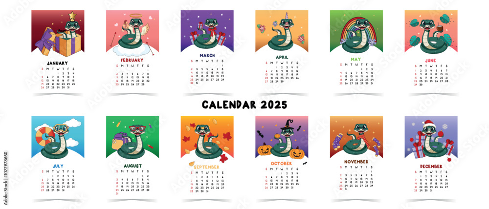 Big vector horizontal cute calendar with snake symbol of 2025 year template set. Horizontal calendar week starts Sunday. Yearly cute cartoon organizer. Big vector horizontal cute calendar with snake symbol of 2025 year template set. Horizontal calendar week starts Sunday. Yearly cute cartoon organizer.
