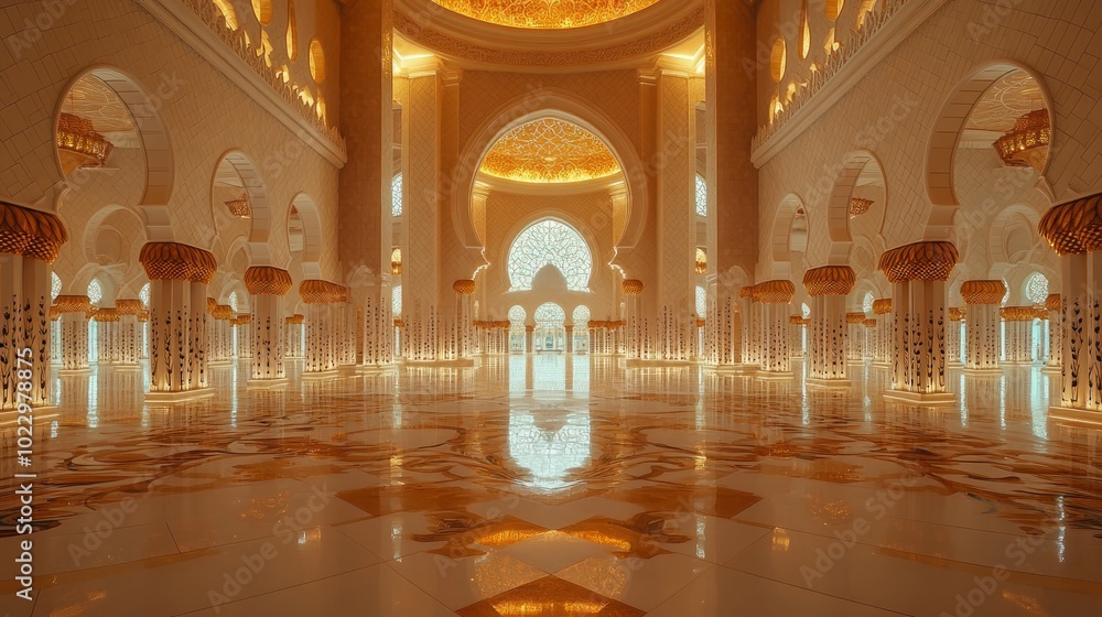 Obraz premium Interior of a grand mosque with ornate columns, arches, and a golden dome.