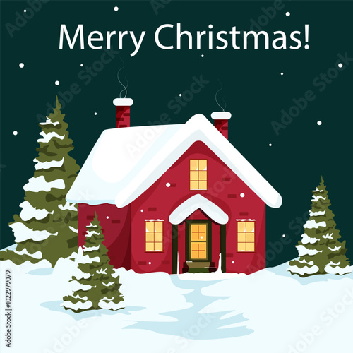 Merry Christmas! Card with a house. This illustration shows a cozy red house covered in snow with a glowing interior, surrounded by snow-covered pine trees under a dark starry sky. The text "Merry Chr