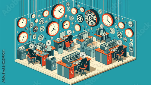 illustration of Time-Focused Business World: A surreal office where time is the only currency—giant clocks float above the workers, and instead of money, the employees exchange hours from their lives