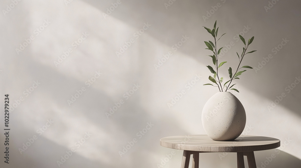 Round concrete vase with a single green branch, on a small wooden table in front of an empty white wall Round concrete vase with a single green branch, on a small wooden table in front of an empty white wall