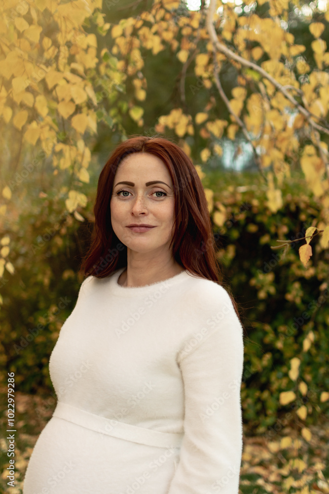 portrait of a pregnant young woman in a white dress in an autumn park. a healthy pregnancy. portrait of a pregnant young woman in a white dress in an autumn park. a healthy pregnancy.