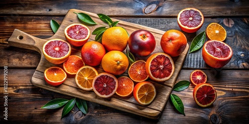 A stunning display of bright blood oranges and fresh oranges on a wooden cutting board, celebrating vibrant, healthful living through nature’s delicious offerings.