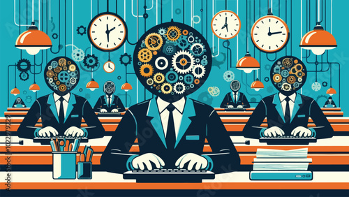 illustration of Time-Focused Business World: A surreal office where time is the only currency—giant clocks float above the workers, and instead of money, the employees exchange hours from their lives