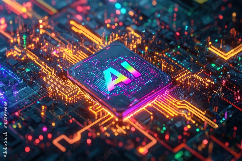 AI processor chip on a vibrant circuit board, surrounded by glowing neon lines and components, symbolizing advanced technology and artificial intelligence innovation AI processor chip on a vibrant circuit board, surrounded by glowing neon lines and components, symbolizing advanced technology and artificial intelligence innovation