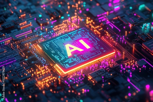 AI processor chip on a vibrant circuit board, surrounded by glowing neon lines and components, symbolizing advanced technology and artificial intelligence innovation