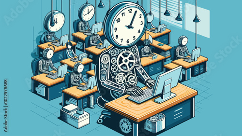 illustration of Time-Focused Business World: A surreal office where time is the only currency—giant clocks float above the workers, and instead of money, the employees exchange hours from their lives