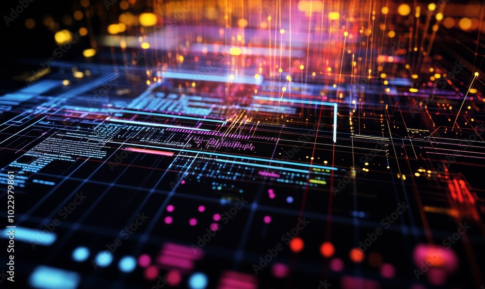Neon grid with colorful lines and code. Neon grid with colorful lines and code.