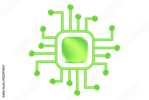 Green AI technology 3D chip icon, isolated, transparent background. Futuristic glowing glass processor icon, digital connection, computer CPU, artificial intelligence network.