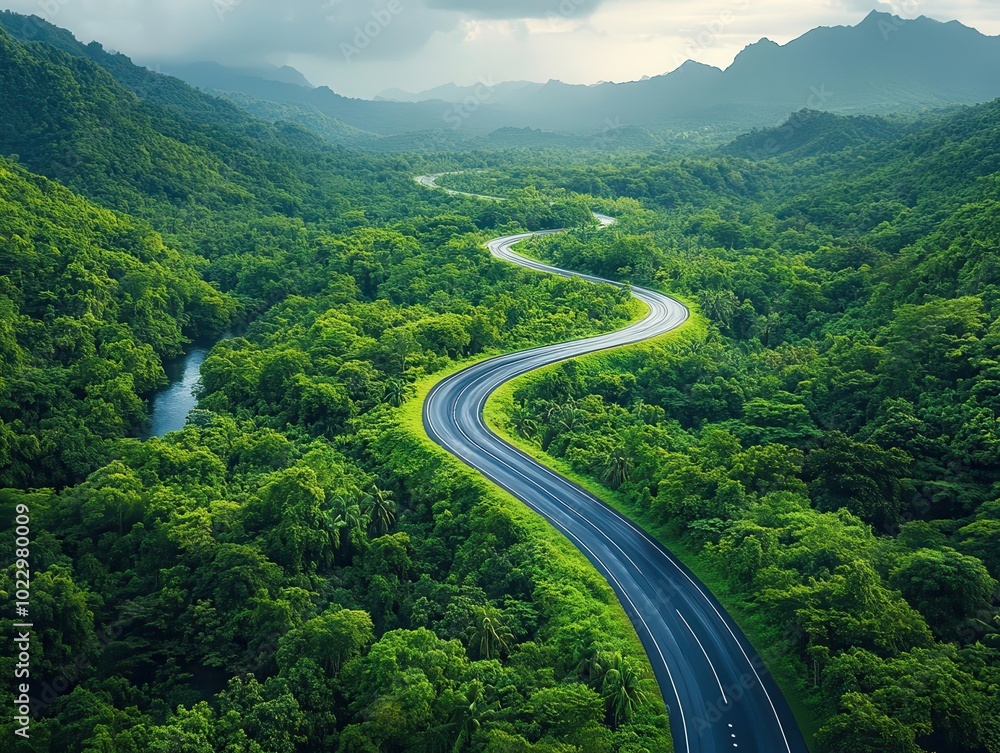 Fototapeta premium a drone's eye view captures a winding highway meandering through a lush forest, highlighting the beauty of nature and the thrill of adventure on a sustainable journey