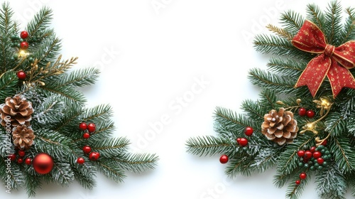 Christmas tree corner border with green fir branches, red bow, berries and gold lights isolated on white background. Pine, xmas evergreen plants frame. garland decoration, holiday card with copy space