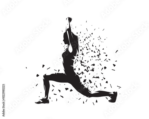 Woman practices yoga and stretches, abstract isolated vector silhouette. Active woman