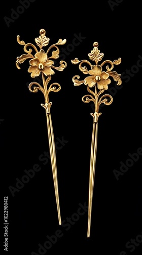 Pair of Golden Floral Hair Sticks with Intricate Detail.