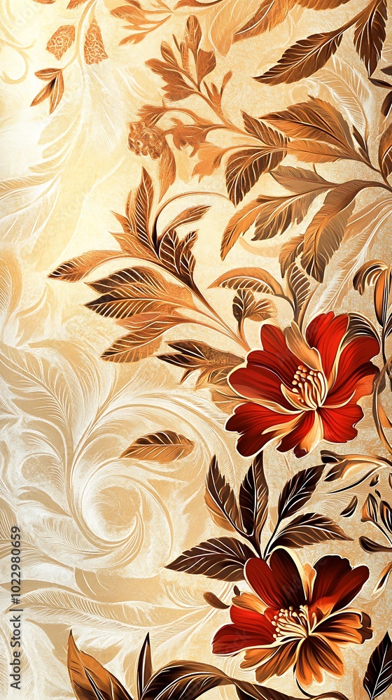 Golden Floral Pattern with Red Flowers. Golden Floral Pattern with Red Flowers.