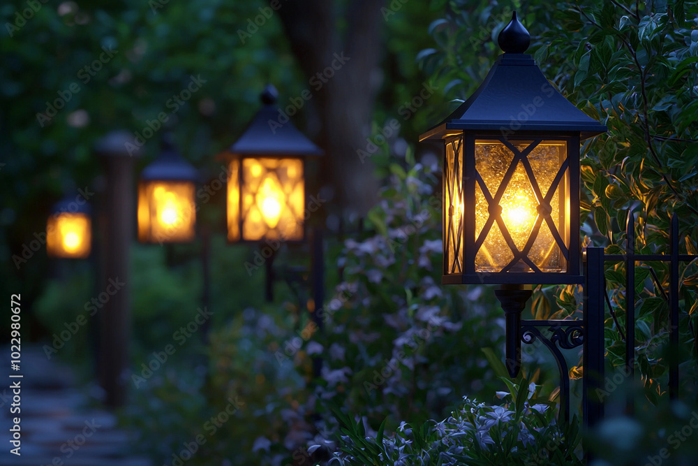 Charming lanterns illuminate a peaceful garden pathway at dusk Charming lanterns illuminate a peaceful garden pathway at dusk