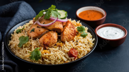 A bowl of chicken biryani. rice and chicken with a side of sauce. The sauce is in a bowl on the right side of the plate