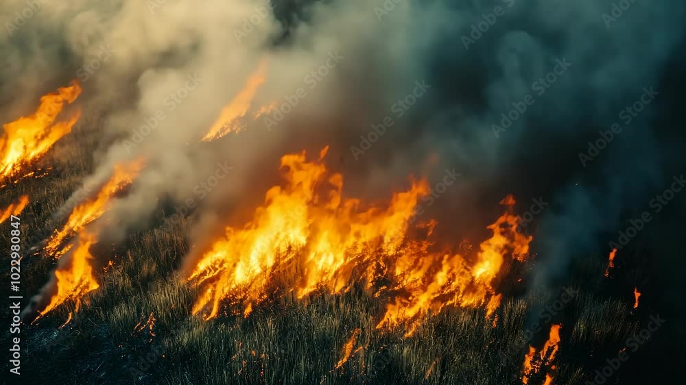 Flames spread through dry grass, creating a large plume of smoke Flames spread through dry grass, creating a large plume of smoke