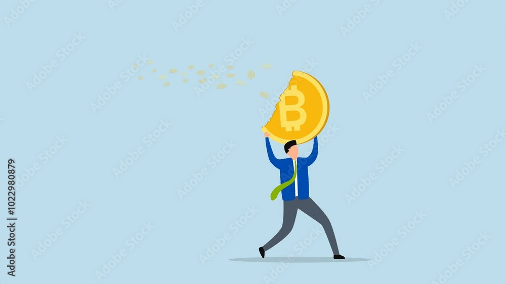 Bitcoin price falling down make trader losing money, 4k animation of Disappointed investor trader fleeing with his disappearing, crumbling into dust Bitcoin. Bitcoin price falling down make trader losing money, 4k animation of Disappointed investor trader fleeing with his disappearing, crumbling into dust Bitcoin.