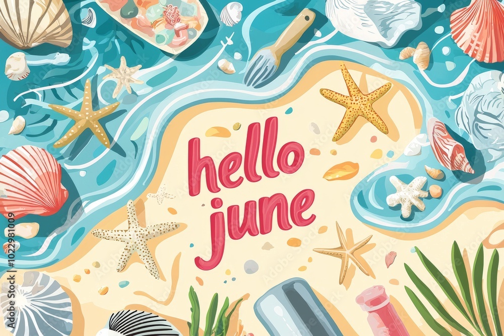 Naklejka premium Colorful beach-themed illustration featuring shells, starfish, and the text 'hello June' in a playful font.