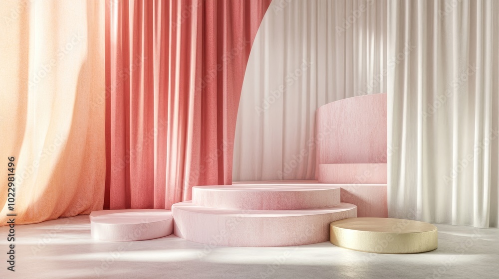 3D render of abstract platforms featuring golden pink and white shapes and drapes Geometric forms presented in a contemporary minimalistic style Realistic mock up designed for promotional use back