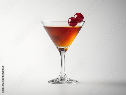 a manhattan cocktail against a pure white background, showcasing its vibrant amber color, garnished elegantly, representing the sophistication and charm of classic mixology