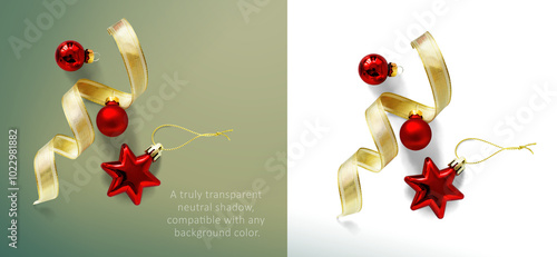 Christmas composition with Isolated Christmas gold ribbon and red christmas tree ball on transparent background with real transparent background. png Flat lay, top view