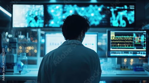 Analyst Monitoring Financial Data on Multiple Screens in the Dark