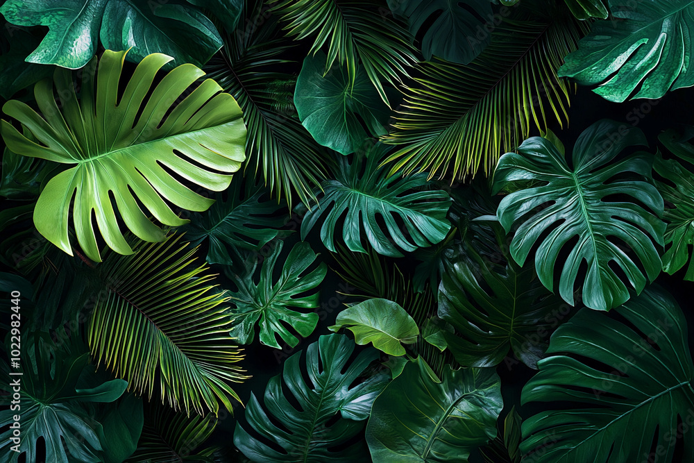 Lush green foliage with varied shapes in a tropical setting Lush green foliage with varied shapes in a tropical setting