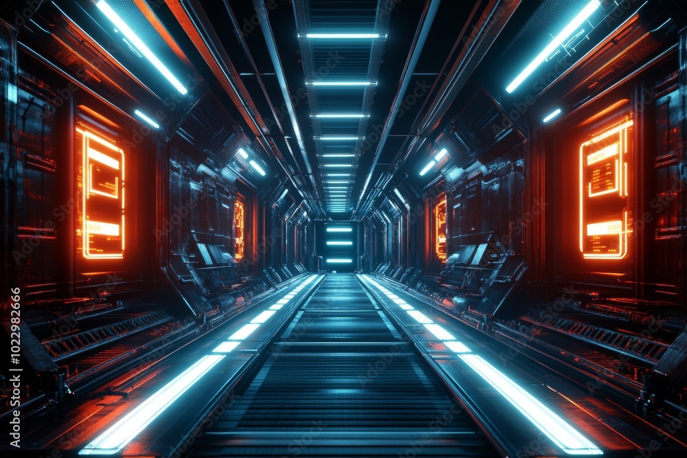 Futuristic sci-fi corridor with glowing blue and orange lights, showcasing sleek technology and a high-tech ambiance. Futuristic sci-fi corridor with glowing blue and orange lights, showcasing sleek technology and a high-tech ambiance.