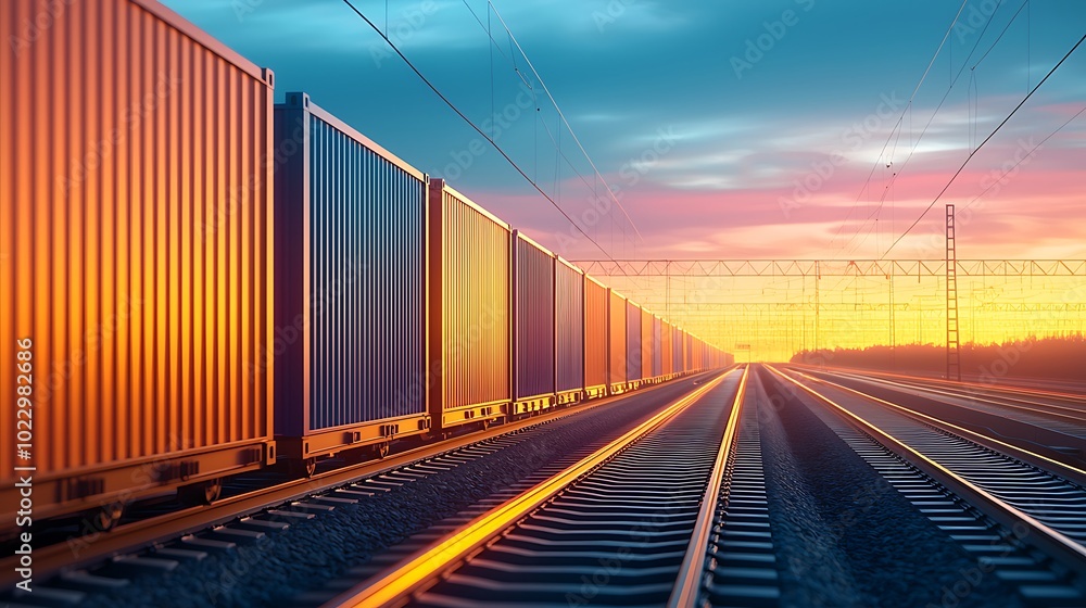 Sustainable shipping containers being loaded onto an electric train Sustainable shipping containers being loaded onto an electric train