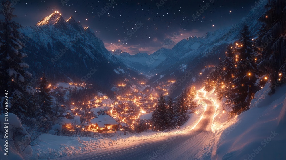a winding road tracing through a snowy mountain landscape illuminated by a sky full of stars evoking a sense of adventure and wonder in a breathtaking nighttime scene a winding road tracing through a snowy mountain landscape illuminated by a sky full of stars evoking a sense of adventure and wonder in a breathtaking nighttime scene