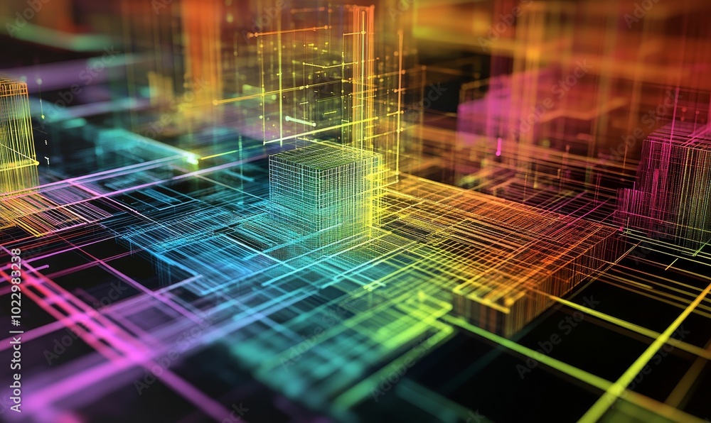 Obraz premium Abstract 3D rainbow grid city.