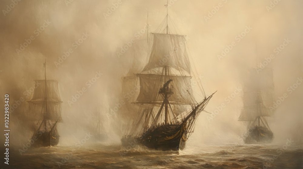 Obraz premium Three sailing ships in heavy fog.