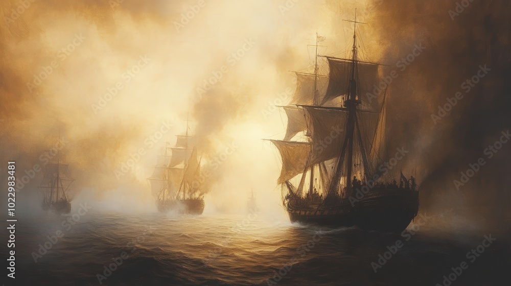 custom made wallpaper toronto digitalSailing ships in foggy sea at dusk.